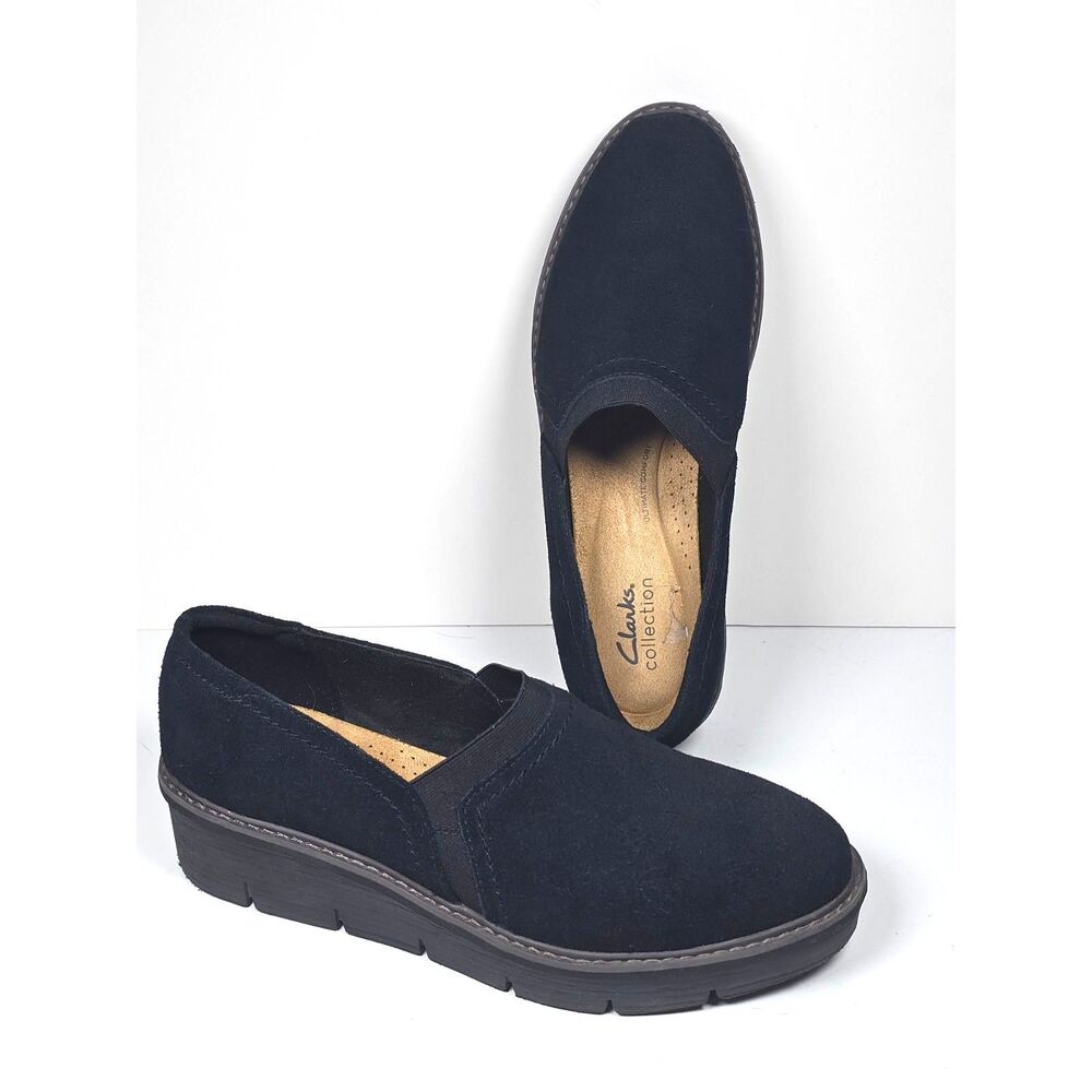Clarks Airabell Mid Black Suede Wedge Slip On Shoes 9.5 M Comfort